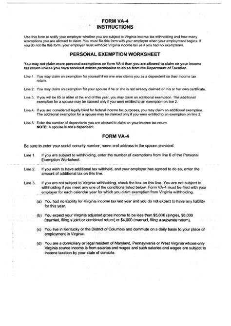 Form Va 4 Employee S Virginia Income Tax Withholding Exemption Certificate Instructions