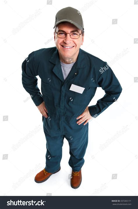 Smiling Handsome Plumber Man Isolated White Background Stock Photo