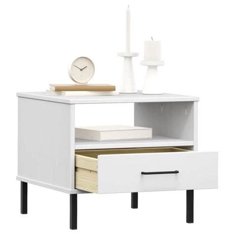 ESTINK Table de chevet avec pieds en métal Blanc Bois pin massif OSLO