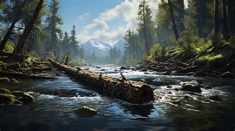 Premium AI Image Riverbound Timber Log Raft Drifting On The Water