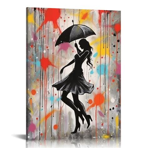 Creowell Romantic Couple Wall Art Dancing Under Red Umbrella Canvas