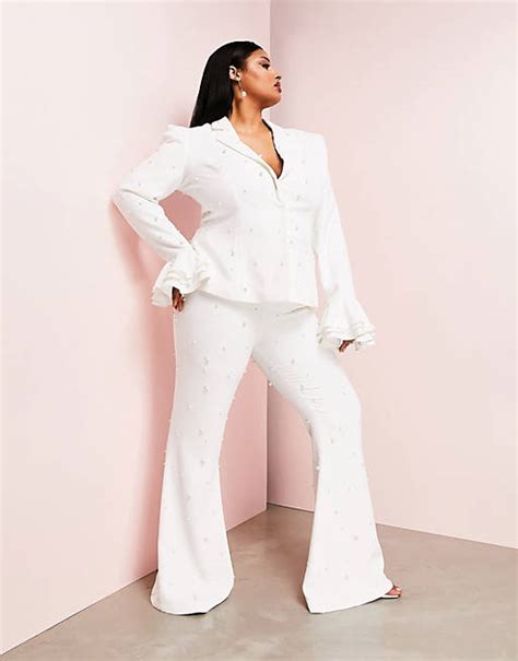 Asos Luxe Curve Suit Pearl Flare Pants In White Asos