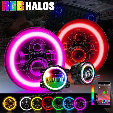 7 Rgb Led Halo Headlights Fog Lights Combo Kit For Jeep Wrangler Jk Muti Color Ebay