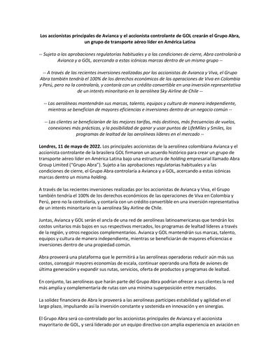 Los Accionistas Principales De Avianca Y El Accionista Controlante De