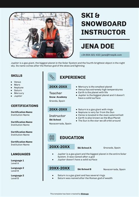 Ski Snowboard Instructor CV Google Slides PPT