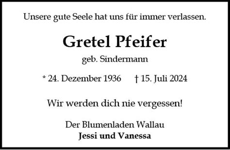 Traueranzeigen Von Gretel Pfeifer Vrm Trauer De