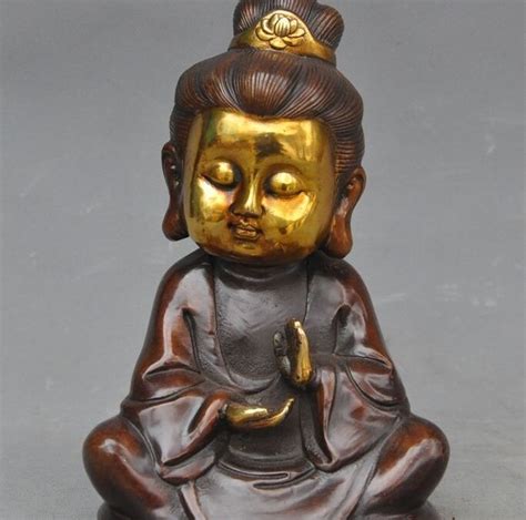 ZCD 8 Old Chinese Buddhism Joss Bronze Copper Gilt Kwan Yin Guanyin