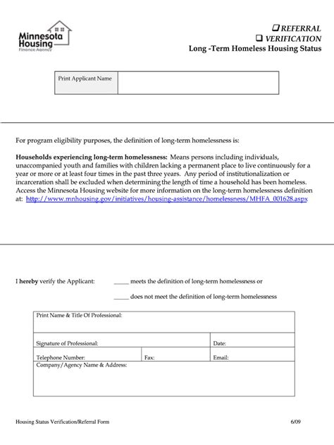 Fillable Online Mnhousing Referral Verification Long Term Homeless