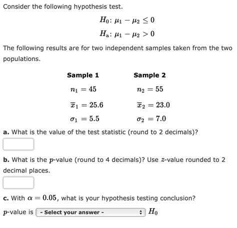 Solved Consider The Following Hypothesis Test Ho μι μ2