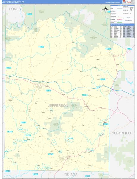 Jefferson County, PA Zip Code Wall Map Basic Style by MarketMAPS - MapSales