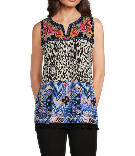 Calessa Woven Patchwork Print Split V Neck Sleeveless Novelty Trim