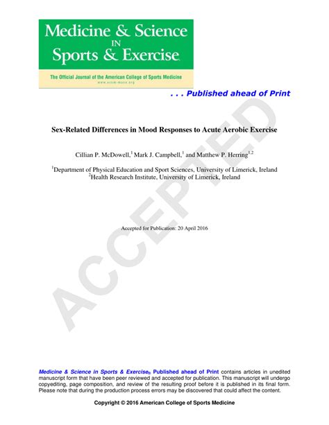 Pdf Sex Related Differences In Mood Responses To Acute Aerobic Exercise