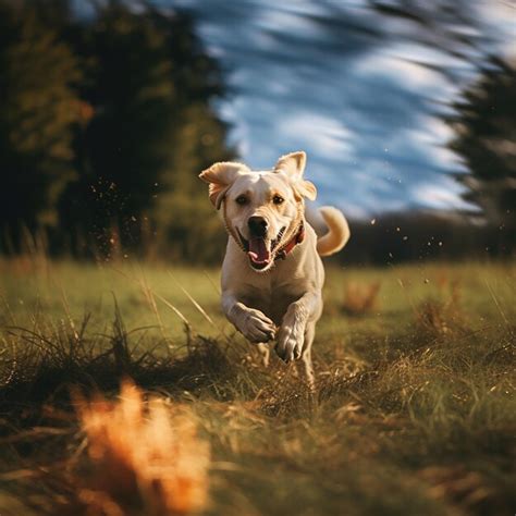 Um cachorro correndo em um campo árvores ao fundo Foto Premium