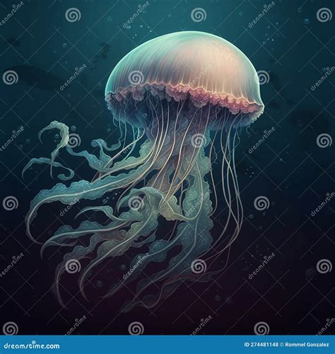 Glowing Jellyfish Swim Deep In Blue Sea White Jellyfish Dancing In The