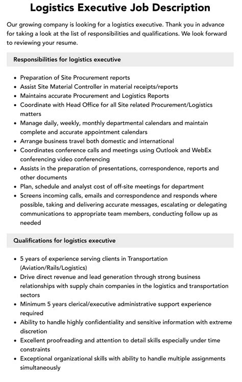 Roles And Responsibilities Of Logistics Executive Pdf