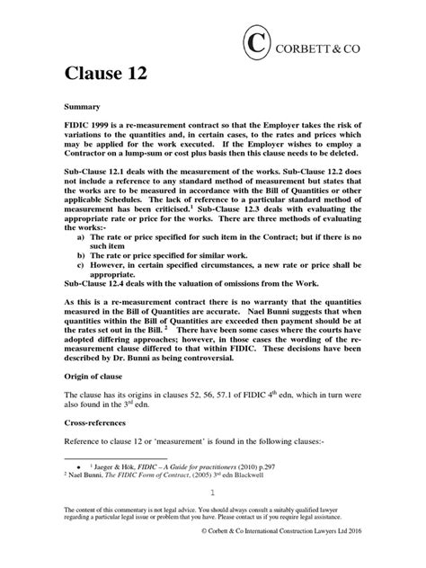 FIDIC CLAUSE 12. Comments | Specification (Technical Standard) | Legal Aid