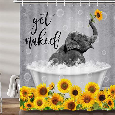 Funny Get Naked Shower Curtain Fun Elephant Sunflower Grey Fabric