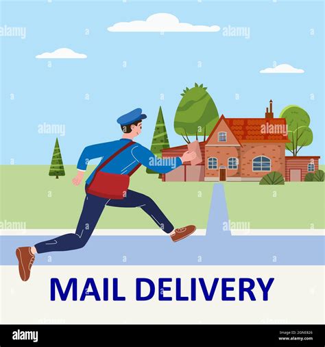 Postman Running With Bag Delivering Letter In Envelope For House To