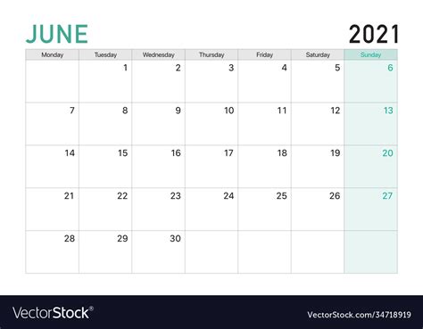 2021 june desk calendar in green white theme Vector Image