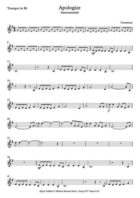 Apologize Easyintermediate Level Onerepublic Trumpet Sheet Music