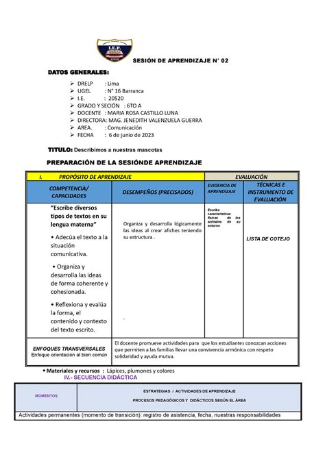 Escribimos un texto narrativo SESIÓN DE APRENDIZAJE N 02 DATOS