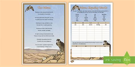 falcon poem rhyming words worksheet worksheet twinkl