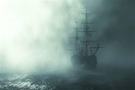 A Haunted Pirate Ship Sailing On A Mysterious And Foggy Sea Ghostly