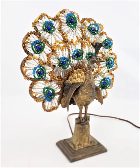 Art Deco Czech Cast Metal And Beaded Glass Figural Peacock Table Or Accent Lamp At 1stdibs