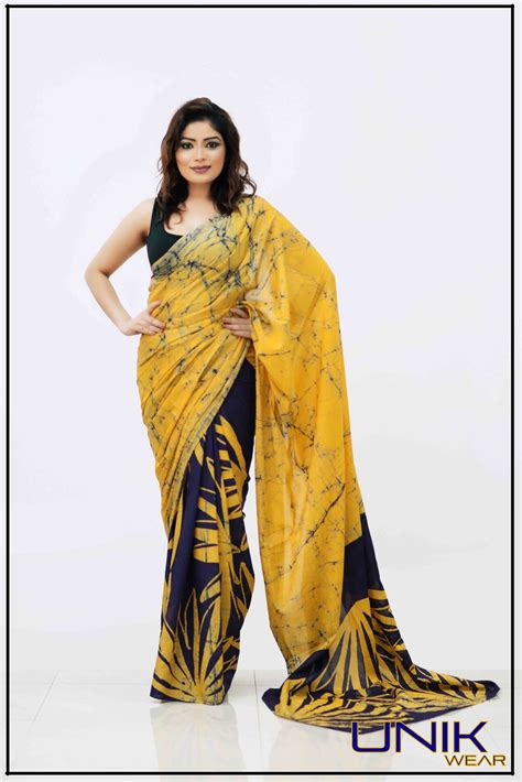 Blue Yellow Sri Lankan Handmade Cotton Batik Saree Unikwear Lk