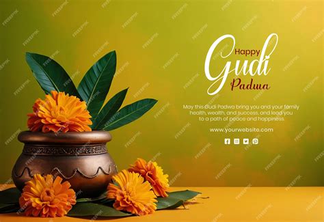 Premium Psd Gudi Padwa Concept Bronze Pot With Marigold Flowers And Mango Leaves Decoration