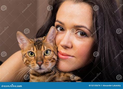 Beautiful Brunette With A Cat Stock Photo Image Of Care Face 52135676