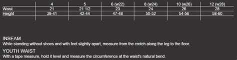 Youth Pant Size Chart