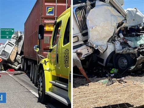 Colisión entre dos camiones y una camioneta deja 2 personas atrapadas y