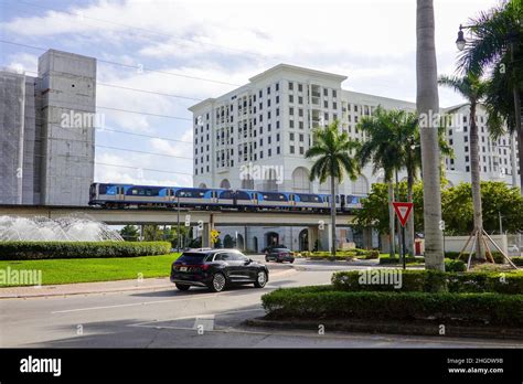 Miami Dade County Metrorail Public Transportation Train On Elevated