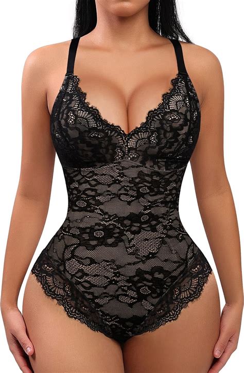 Feelingirl Shapewear Damen Bauchweg Spitze Bodysuit V Ausschnitt