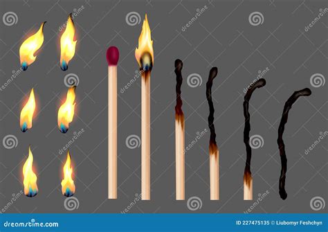 Set Of Match Sticks With Burning Sequence Wooden Matches In Different