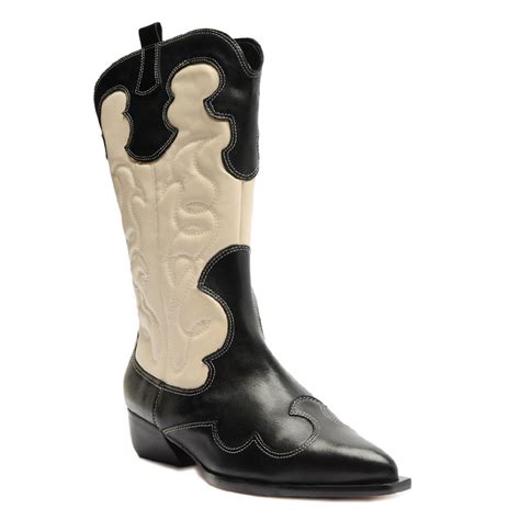 Bota Couro Cano M Dio Western Georgia Arezzo Preto Off White