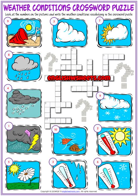 Weather Conditions Esl Printable Crossword Puzzle Worksheet