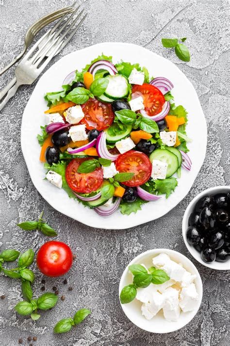 Greek Salad Fresh Vegetable Salad With Tomato Onion Cucumbers Basil