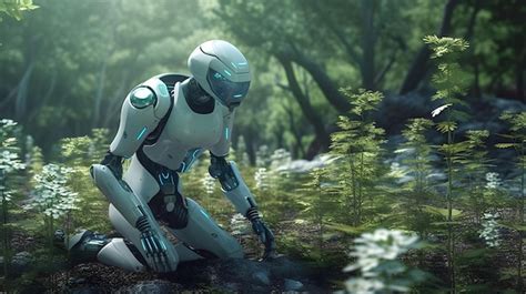 Premium Ai Image Ai Robot Planting A Tree Ecology Technology Humanoid