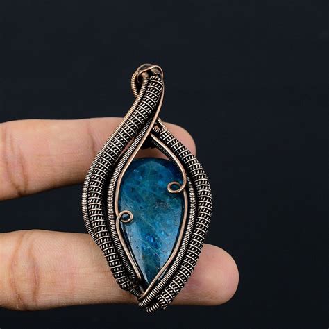 Neon Blue Apatite Pendant Copper Wire Wrapped Pendant Apatite Gemstone