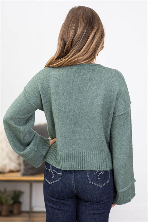 Dark Sage Ribbed Trim Crew Neck Sweater · Filly Flair