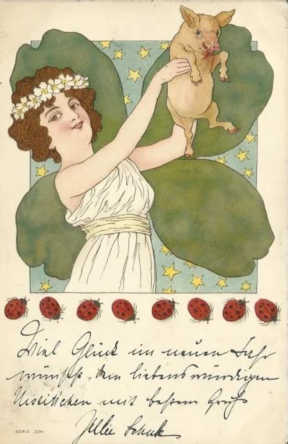 Gl Ckwunschkarte Litho Jugendstil Kleeblatt Schwein Marienk Fer