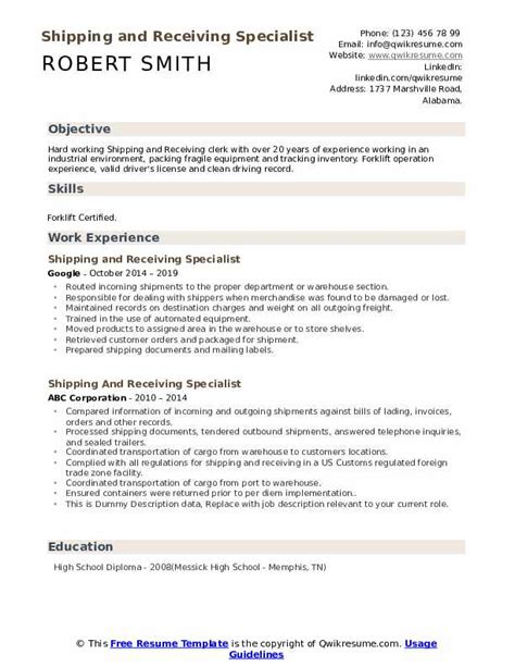 Shipping And Receiving Specialist Resume Samples Qwikresume