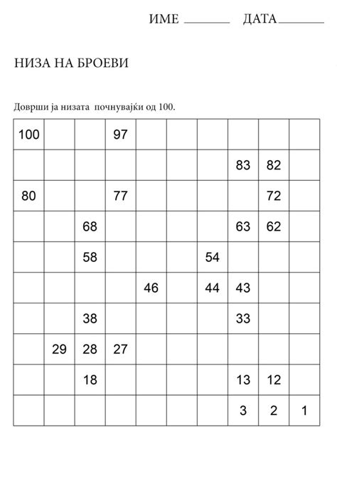 Низа на броеви од 100 до 1 - Никулец Едукација