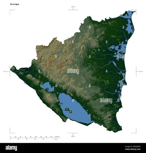 Forma De Un Mapa De Elevación Coloreado Con Lagos Y Ríos De Nicaragua Con Escala De Distancia Y