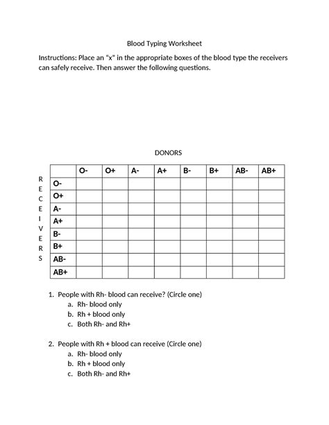 Blood Typing Worksheet Blood Typing Worksheet Instructions Place An