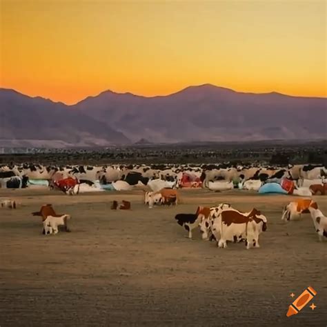 Sunset Over A Vast Coachella Field With Grazing Cows And Colorful Tents