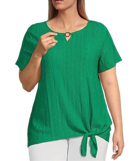 Allison Daley Plus Size Short Sleeve Keyhole Neck Diamond Eyelet Side Tie Front Knit Top Dillard S