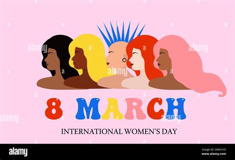 8 March Happy Womens Day Card With Five Women Of Different